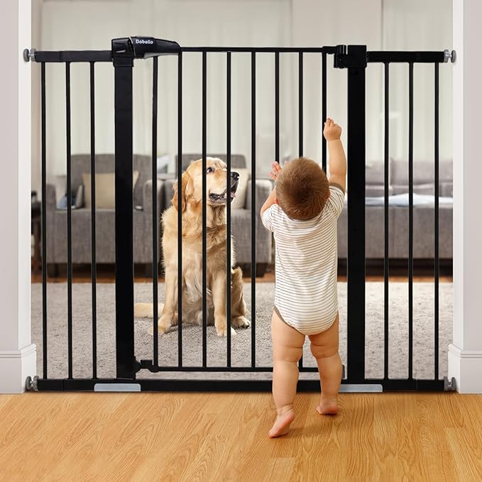 BABELIO 36" Tall Baby Gate PressGuard P7, 29-48" Auto-Close & Pressure Mounted, Black Steel Dog Gate for Stairs & Doorways