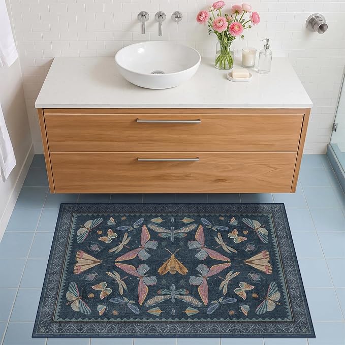 Dark Blue 2x3 Small Rugs for Bathroom Non Slip, Washable Vintage Boho Insect