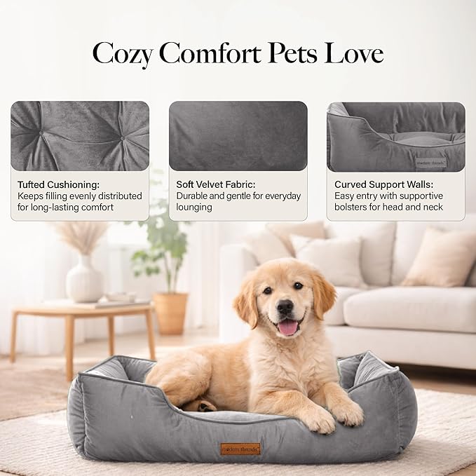 Modern Threads Luxury Dog Bed - Comfortable Tufted Velvet Cushion for Small to Large Dogs - Machine Washable - Durable & Cute Sleep Space for Pets - Pamper Your Pet with Cozy Beds - Charcoal