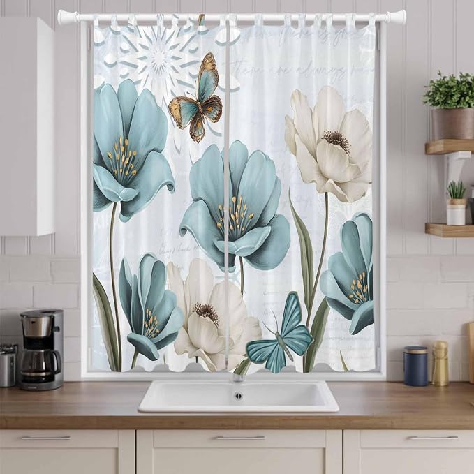 Blue Tulips Living Room Curtains 96 Inch Length, Window Curtains Tab Top