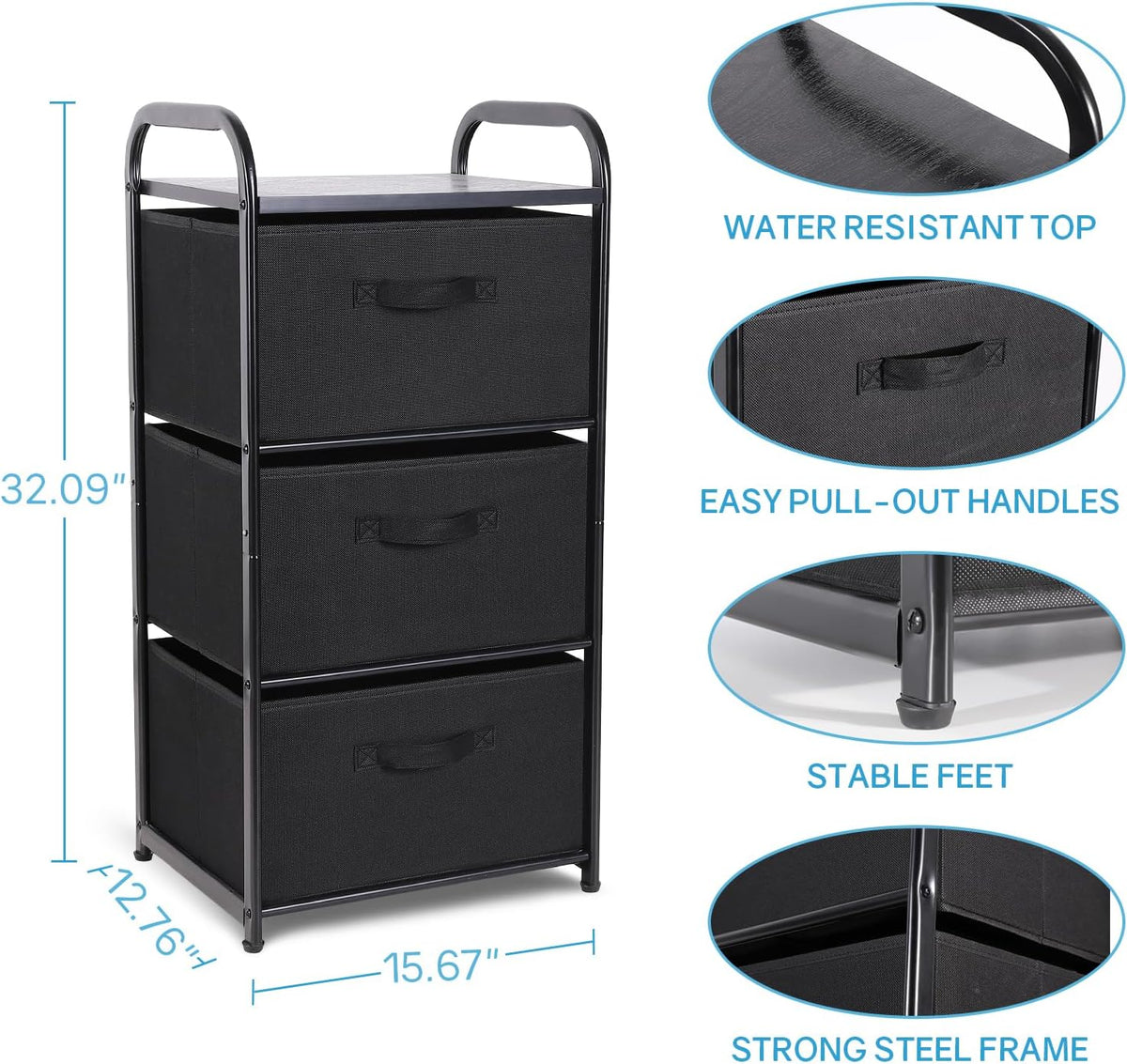 MAX Houser Dresser Storage with 3 Fabric Drawers, Black