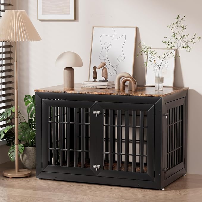 48" Heavy Duty Dog Crate Furniture for Small,Medium and Large Dogs,Rustic Wooden Dog Cage Kennel Indoor Furniture with Waterproof Top,Decorative Pet House Side End Table (Black & Wood)