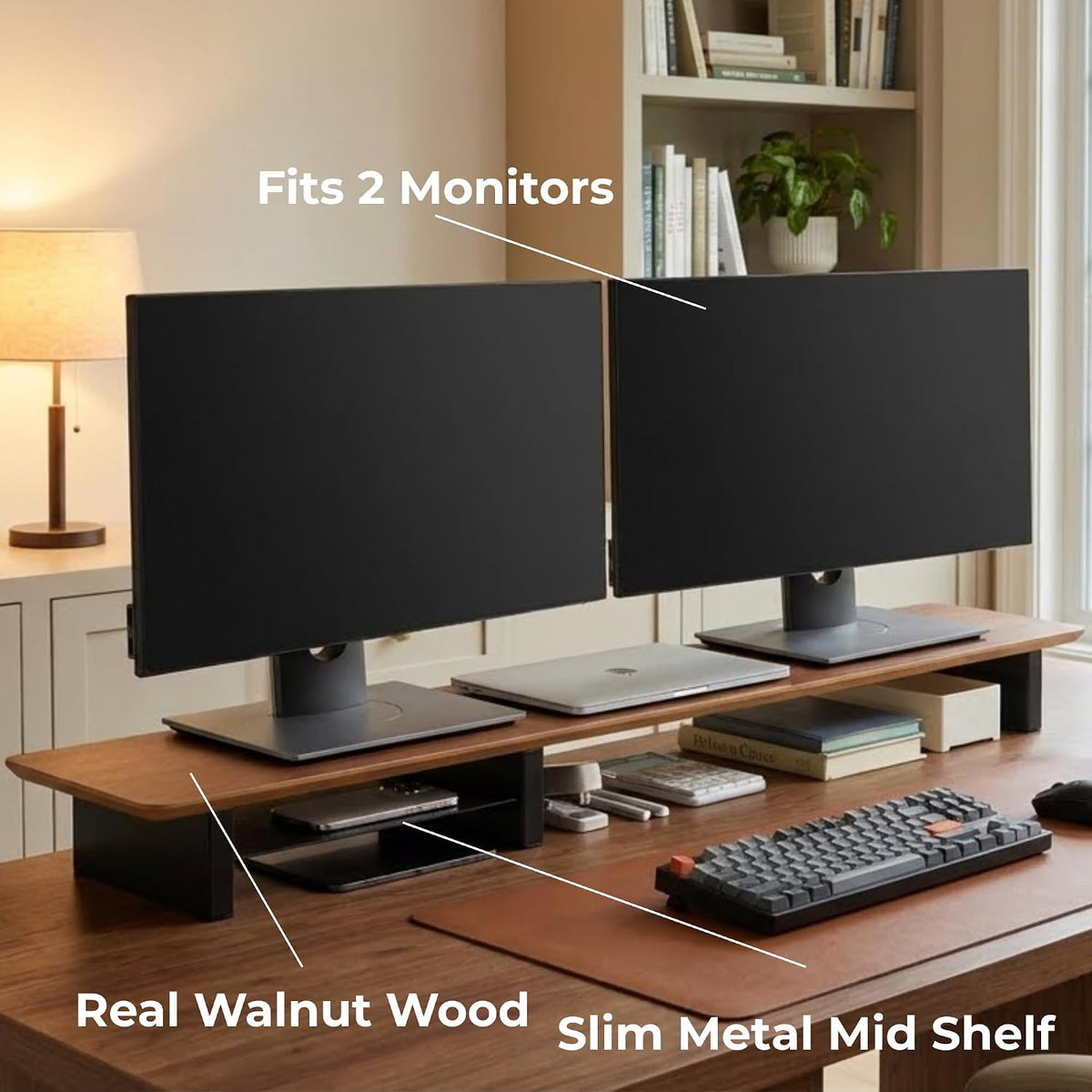 XL Walnut Wood Monitor Stand for 2 Monitors (44 Inch), Desk Shelf