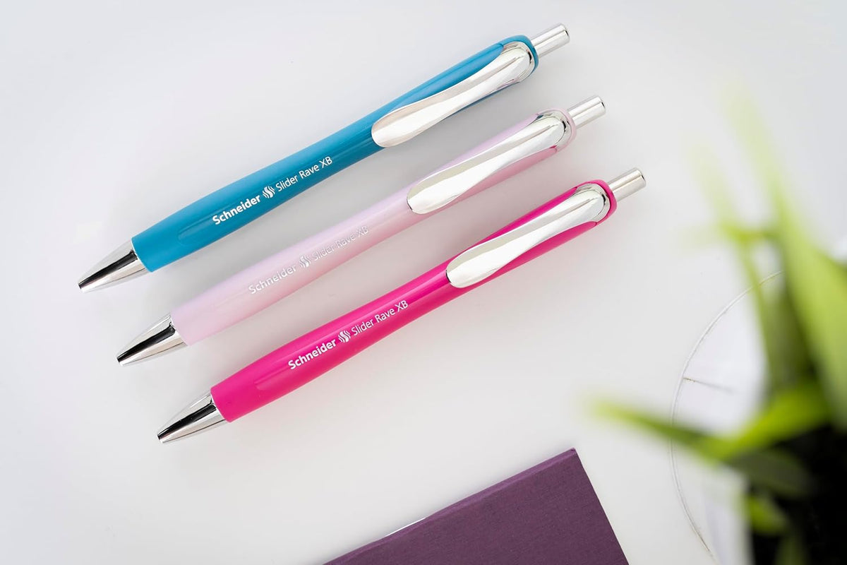Schneider Limited Edition Slider Rave Colors, XB (Extra Broad) Ballpoint Pen, Refillable + Retractable, 1.4 mm, Pearl Barrel, Blue Ink, Box of 5 Pens (132519)