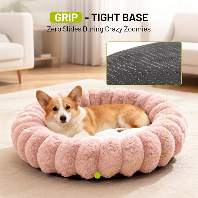 Cloudsoft Flower Cat Bed and Dog Bed, Washable Plush Pet Bed with Non-Slip Water-Resistant Bottom, Faux Furfor Cats & Small Dogs Up to 33 lbs, 29.9"x29.9" (Pink)