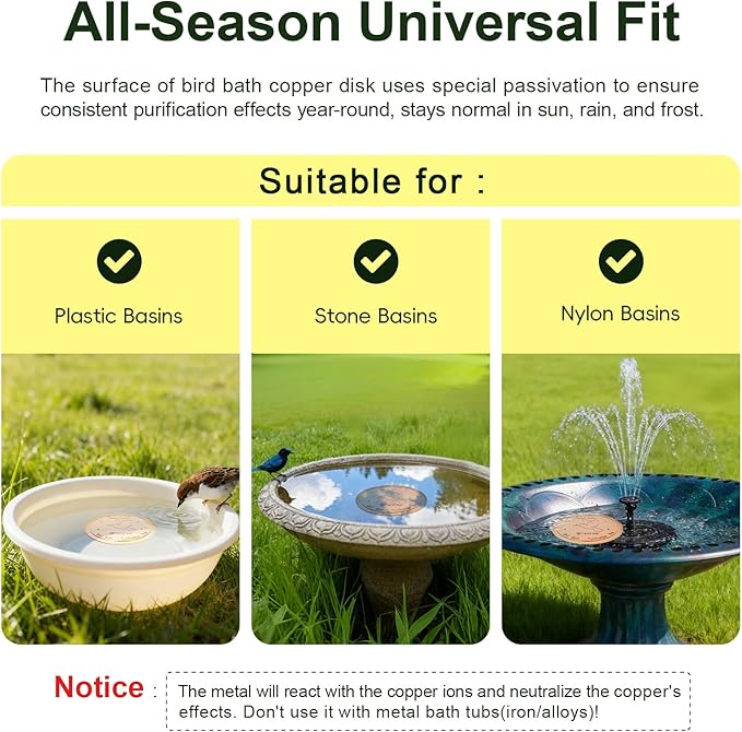 Upgraded Bird Bath Copper Disk, 0.8mm Reinforced 99.99% Pure Copper Cleaning Disk, 4-Point Support&Concave Base for Physical Safe Clean Water, Outdoor All-Season Fit Birdbaths&Bowls