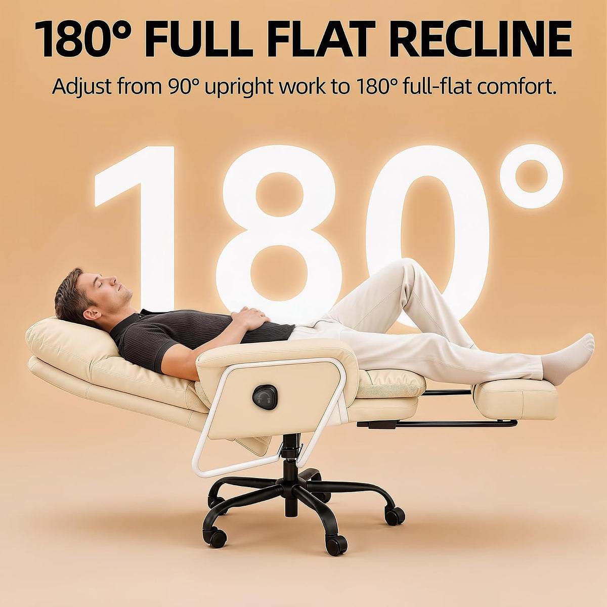 180° Reclining Office Chair with Footrest, PU Leather, Beige