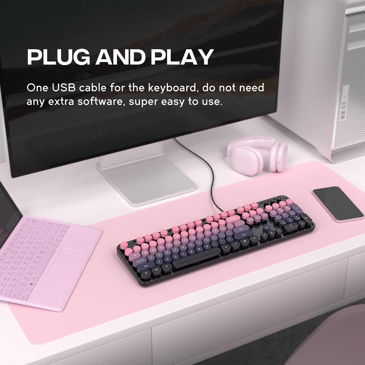 MOFII Computer Keyboards Wired, Plug Play USB Full Size Typewriter Keyboard, Cute Colorful Aesthetic Keyboard with Foldable Stands for Windows PC Laptop (Berry Pink)