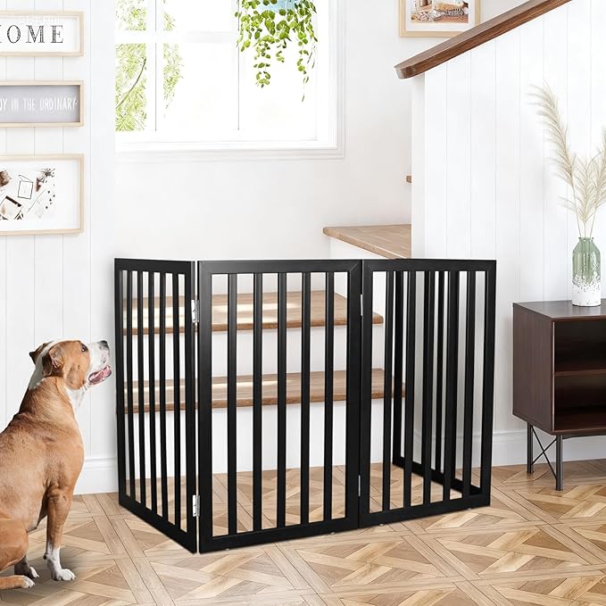 ZJSF Freestanding Indoor Dog Gate for House Foldable Wood Black Puppy Gate for Doorways Pet Gate for Stairs Extra Wide Pet Fence 32" Height 4 Panels