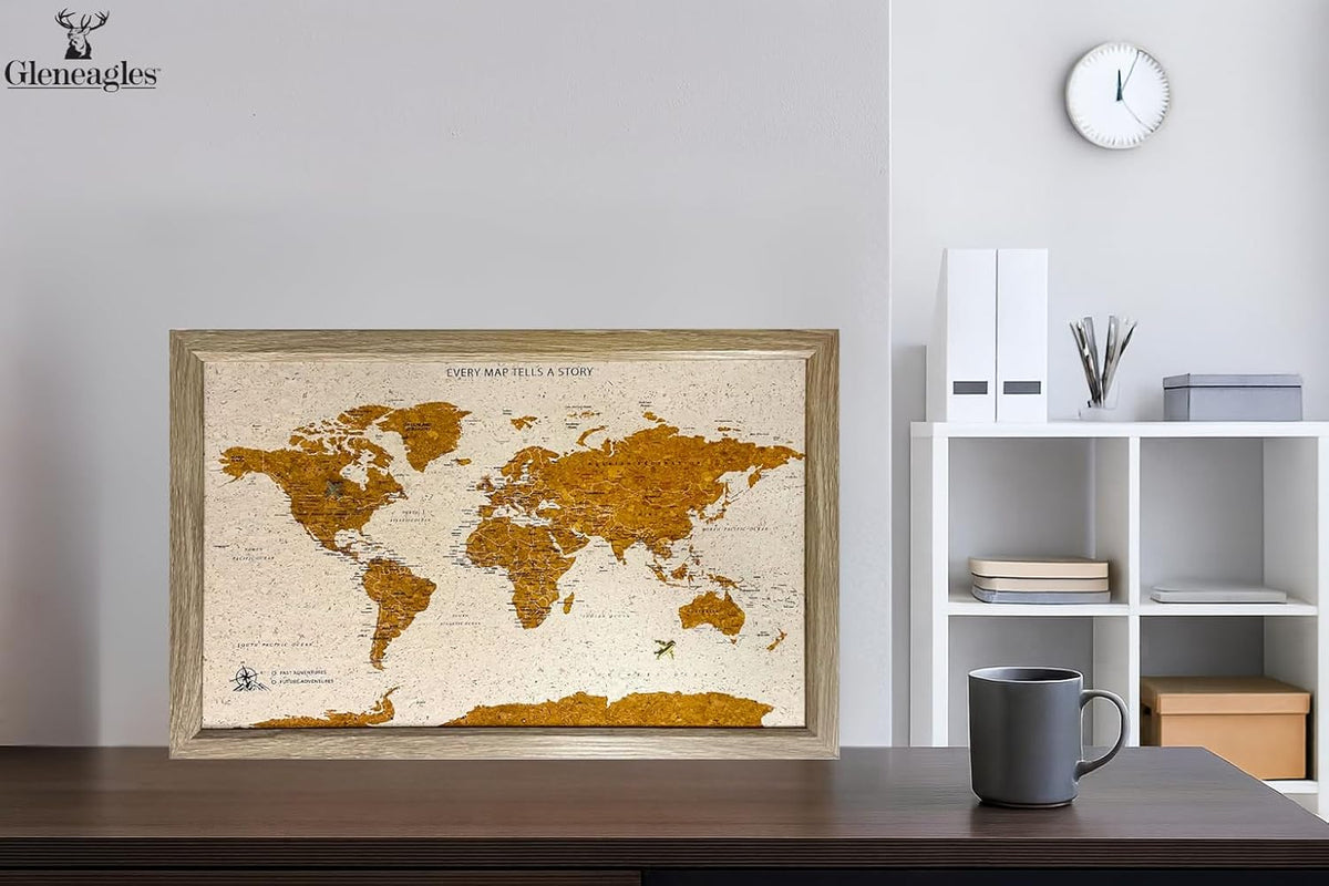 Gleneagles World Travel Map Pin Board - Beige Cork, 70 Pins, Wall Decor
