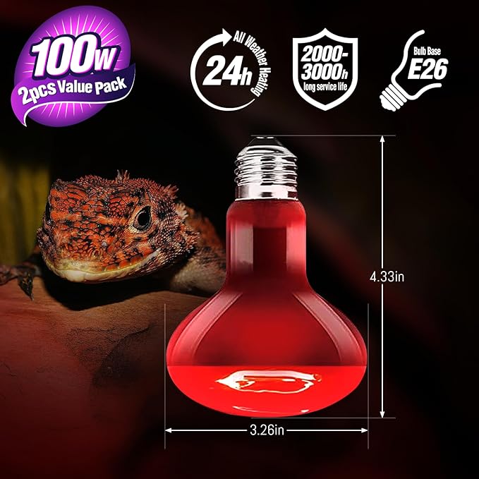 Leoterra Reptile Heat Lamp Bulbs 2PACK100w Red Night Heat Lamp Bulbs for Reptile Tank,Turtle,Bearded Dargon,Lizard,Snake,Chincken,Dog,Hedgehog Night Use Infrared Heat Lamp Bulbs,Long Lasting