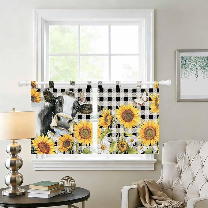 Retro Sunflowers Kitchen Curtains 24 Inch Length, Small Window Curtains Tab Top