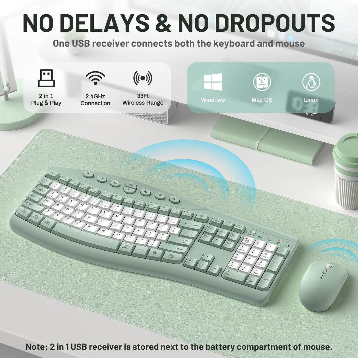 Wireless Keyboard and Mouse Combo Silent Ergonomic Curved Design for Office