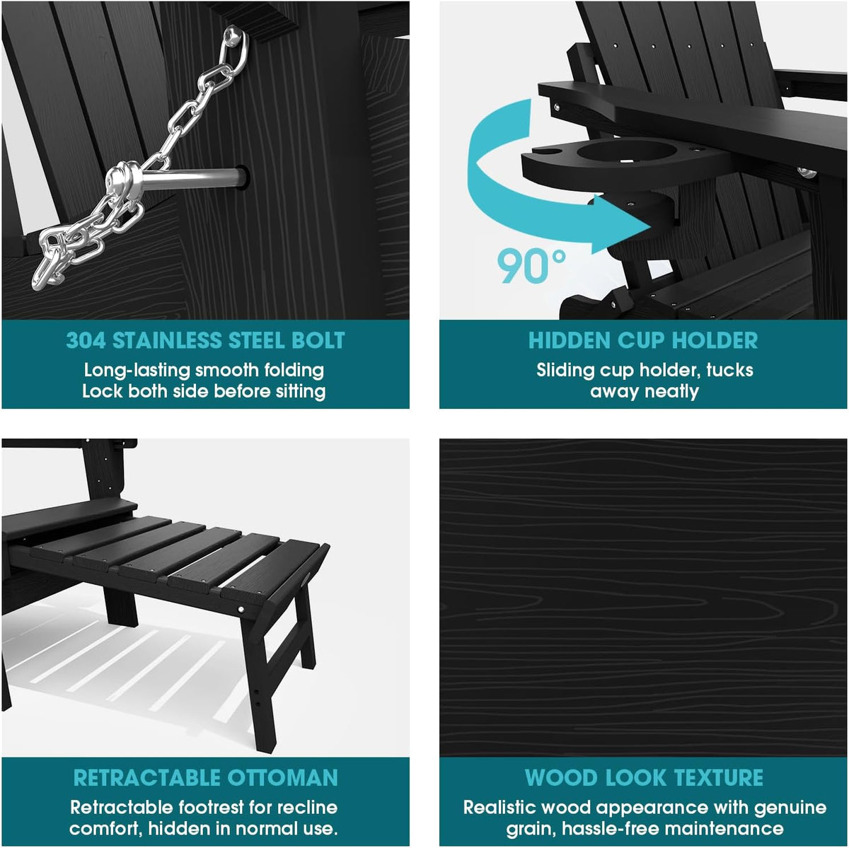 THOEOE Adirondack Chairs with Footrest, Folding HDPE Chairs Set of 4