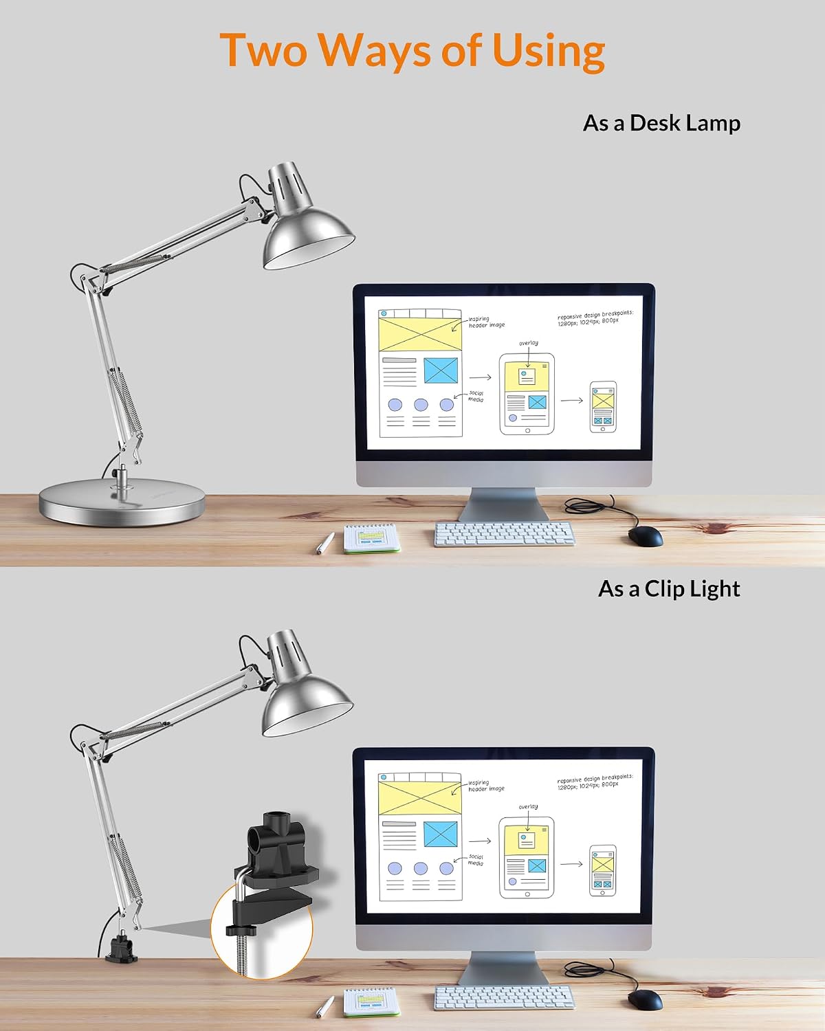 LEPOWER Metal Adjustable Desk Lamp with Clamp, Swing Arm for Home Office