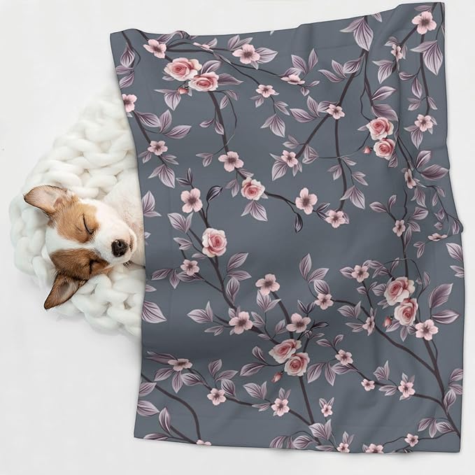 Pink Blanket for Pet - Retro Floral Puppy Throw Blanket 40x30 Rose Sakura Blankets for Puppy Dogs Cats