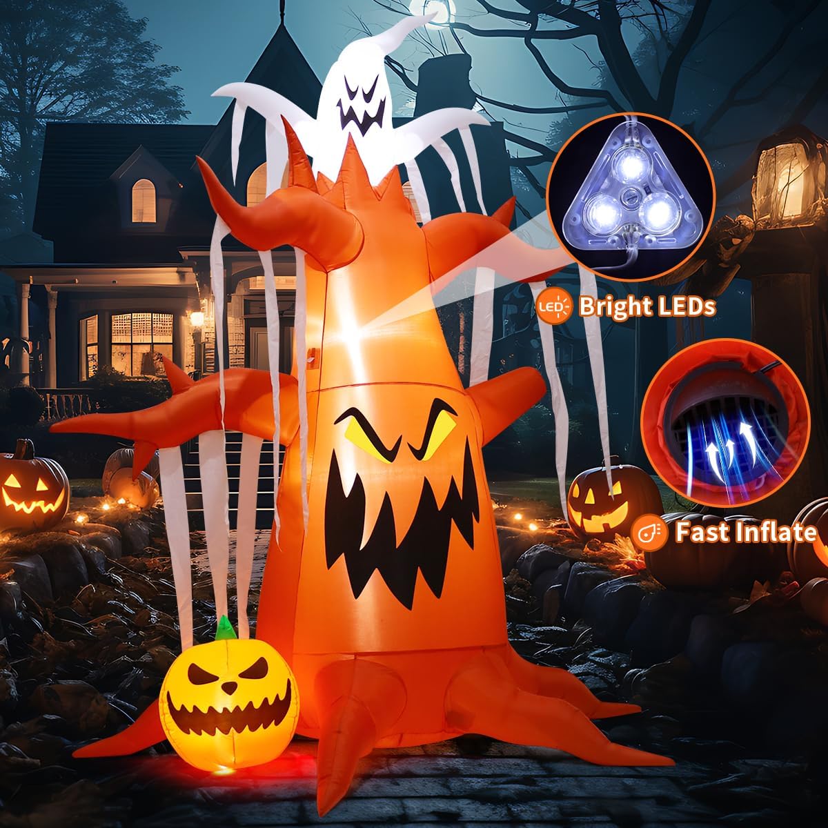 GOOSH 10 FT Halloween Inflatables Tree Outdoor Decorations Blow Up Yard Scary Dead Tree with Pumpkin and Ghost with Built-in LEDs for Garden Lawn Indoor Party Decor