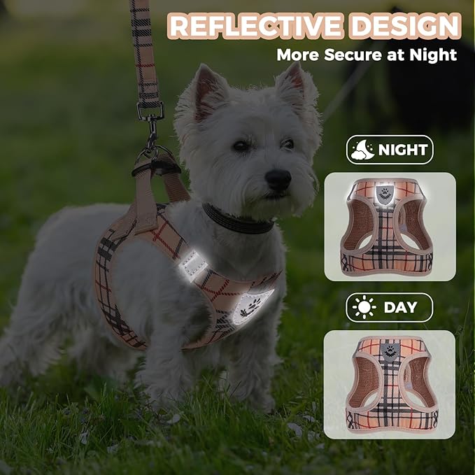 PAWCHIE Dog Harness and Leash Set, Step in No Pull Soft Pet Harness, Reflective Adjustable Puppy Vest for Small Medium Dogs Cats, No Choke Harness Vest with Poop Bag Holder for Walking,Running,Beige M