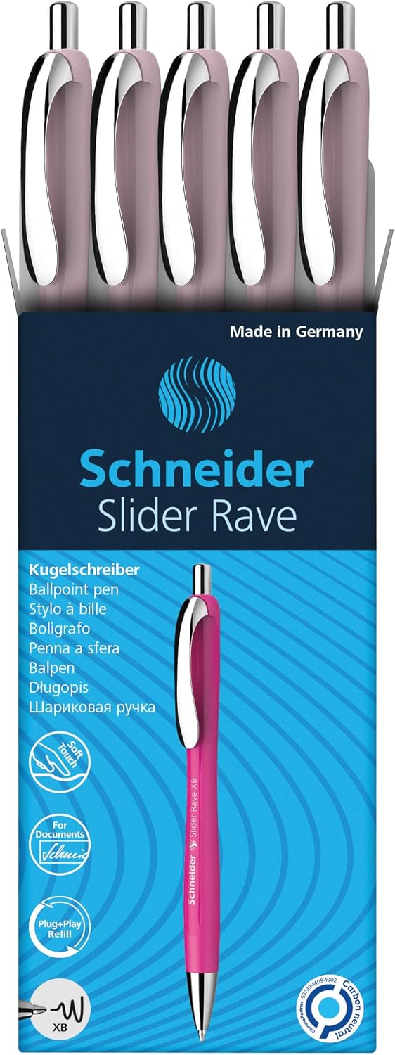 Schneider Limited Edition Slider Rave Colors, XB (Extra Broad) Ballpoint Pen, Refillable + Retractable, 1.4 mm, Pearl Barrel, Blue Ink, Box of 5 Pens (132519)