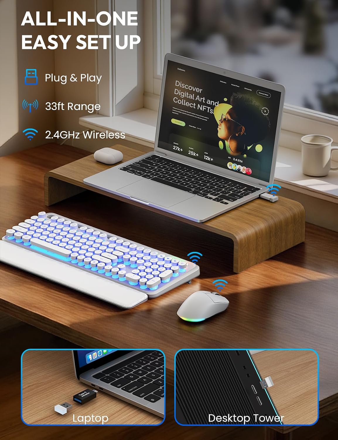 Wireless Keyboard and Mouse, Backlit Typewriter with Magnetic Wrist Rest