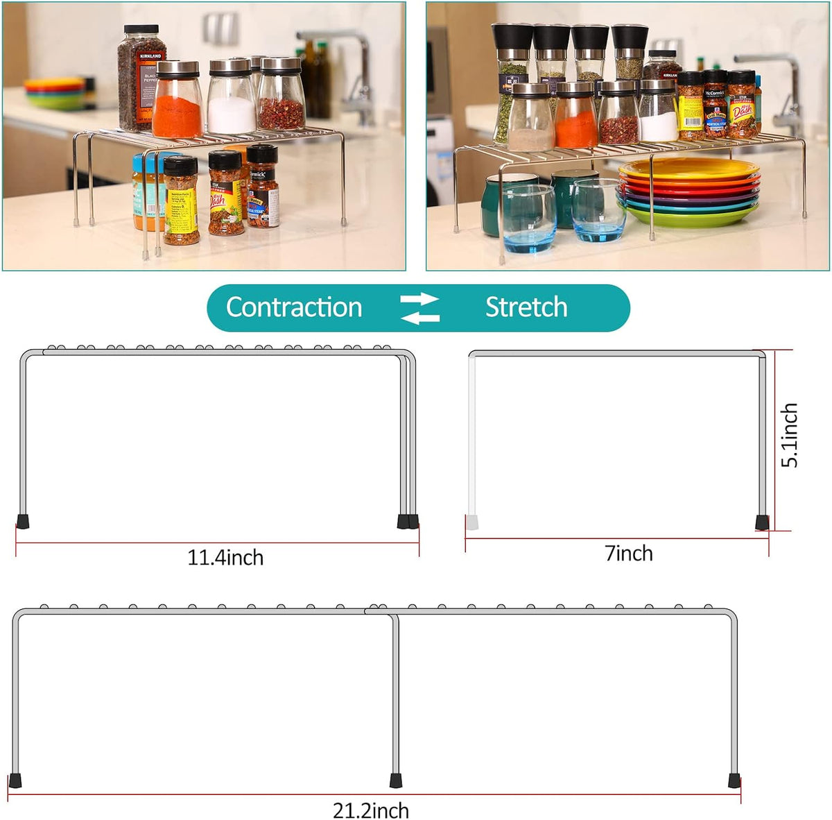 Expandable Cabinet Shelf Rack, Stainless Steel Adjustable Kitchen Countertop Shelves Risers, Kitchen Shelf Rack For Pantry, Garage, Desktop, Refrigerator, Bathroom Organization And Storage