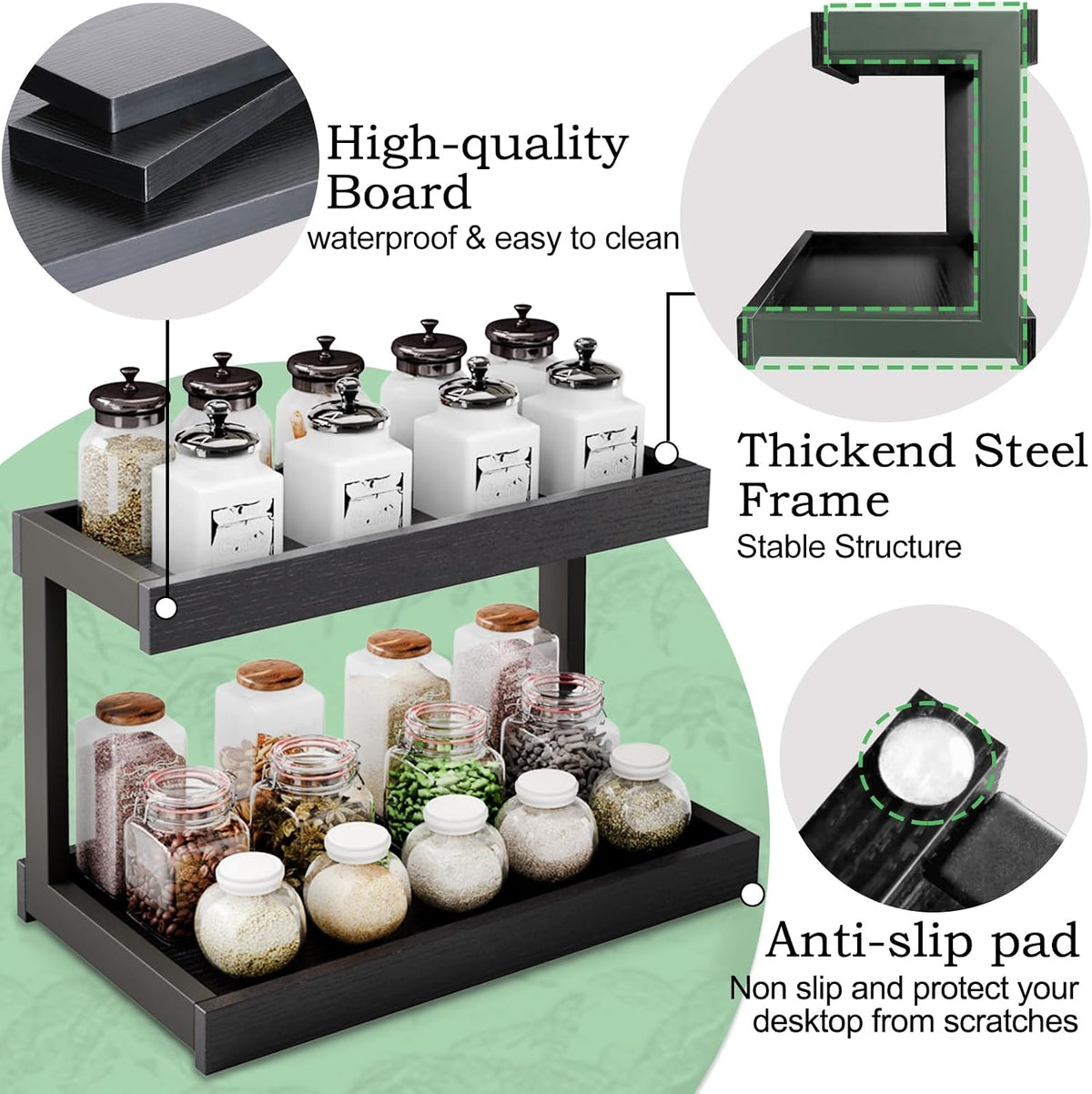 MARTY Counter Shelf Organizer, 2 Tier Spice Rack for Countertop, Black