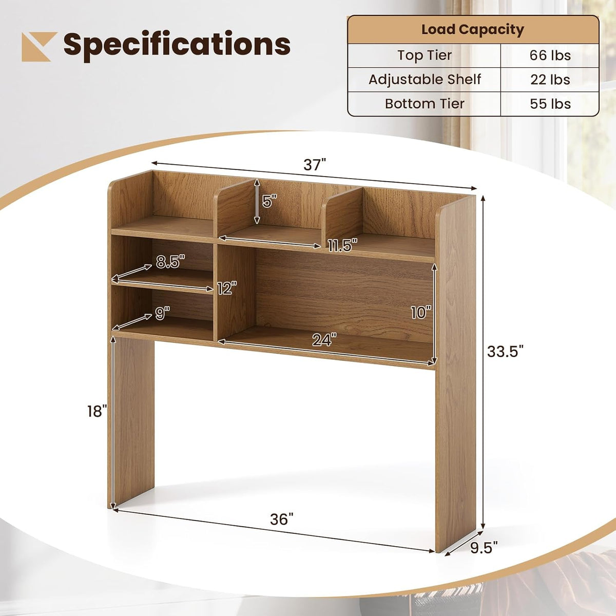 GIANTEX Desktop Bookshelf, 37" Desk Hutch Dorm for Computer Up to 32 Inch, Countertop Hutch w/6 Storage Shelves, 3-Tier Desktop Organizer Display Rack, Wood Desk Shelf for Home Office (Natural)