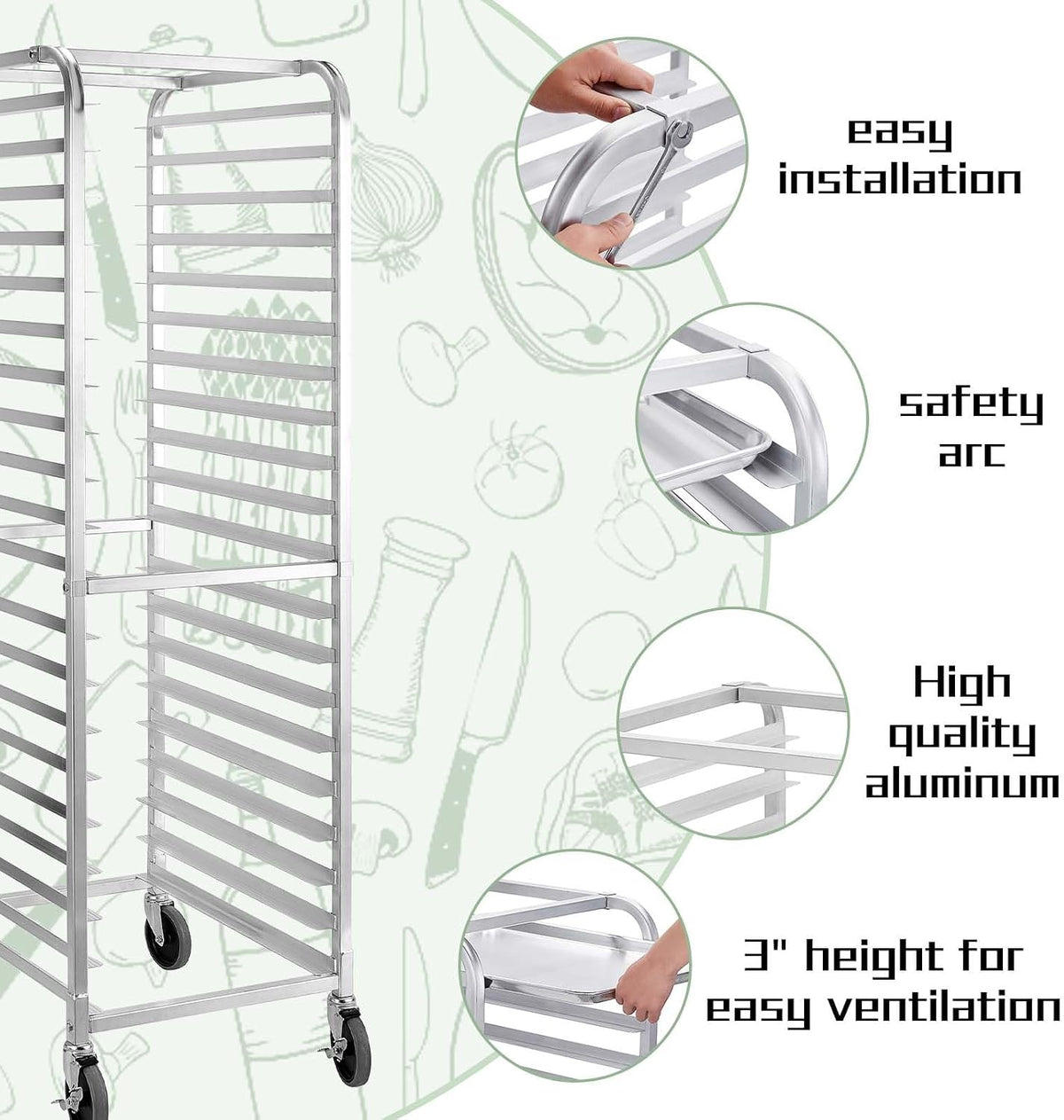 Hally Bun Pan Rack 20 Tier with Wheels Commercial Bakery Racking Aluminum