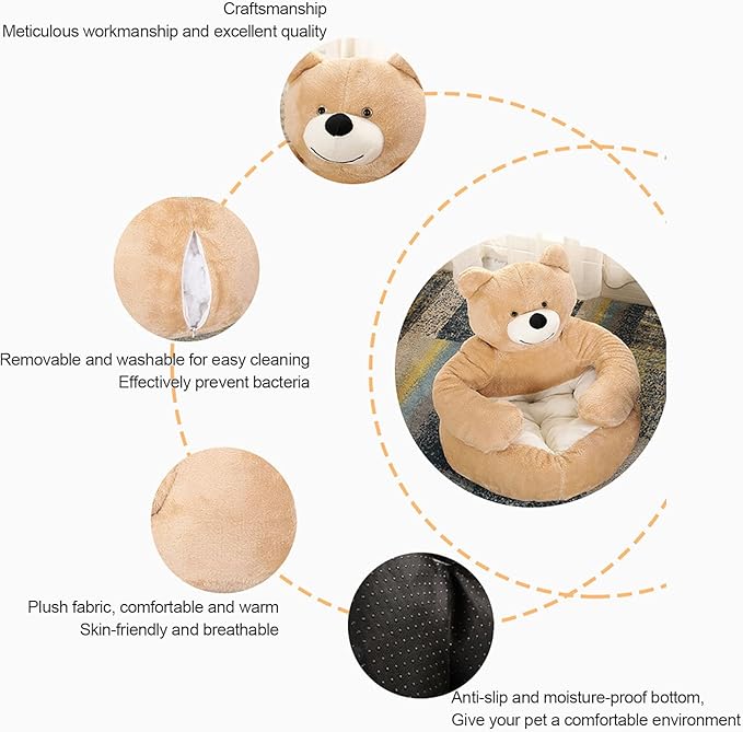 Dog Sofas & Chairs, pet Shape Sofa, Slip Resistant Dog cat Furniture, Adorable Bear Shaped Pet Sofa Bed, Washable Dog cat Couch, Plush Soft Couch for Dogs and Cats L(bottomDiameter55cm) Khaki