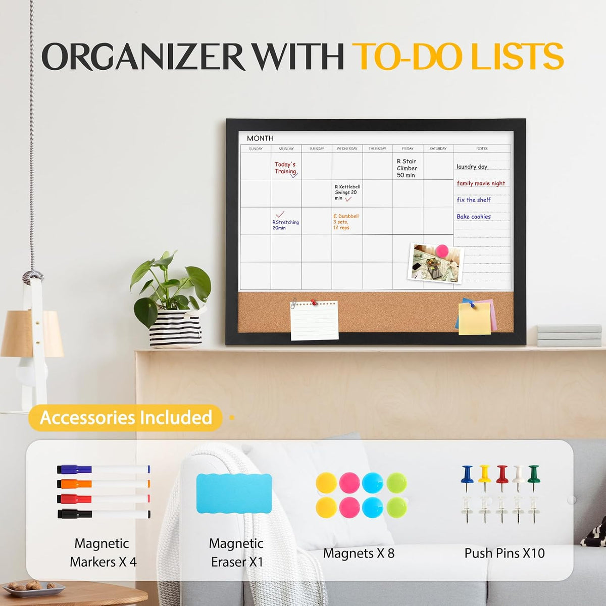 Calendar Whiteboard for Wall, 24" x 18" Dry Erase Monthly Cork White Board
