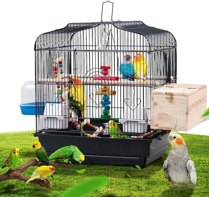 20.5"x18.1"x14.2" Portable Bird Travel Cage with Handle, Metal Carrier with Food Container, Wooden Perch & Pull-Out Tray for Small Parrots, Canaries, Cockatiels, Lovebirds, Conures