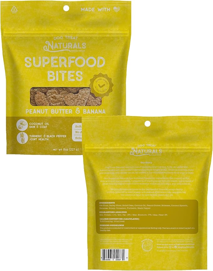 Dog Treat Naturals: Superfood Bites - Peanut Butter & Banana - 8oz Bag, Healthy Snacks, Chewy Reward, Turmeric for Joint Health