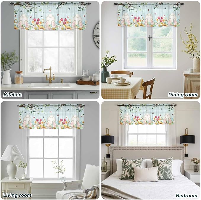 Easter Sheer Valances for Windows 42"x18", Light Filtering Kitchen Curtains
