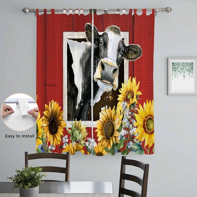 Cows Sunflowers Living Room Curtains 96 Inch Length, Window Curtains Tab Top
