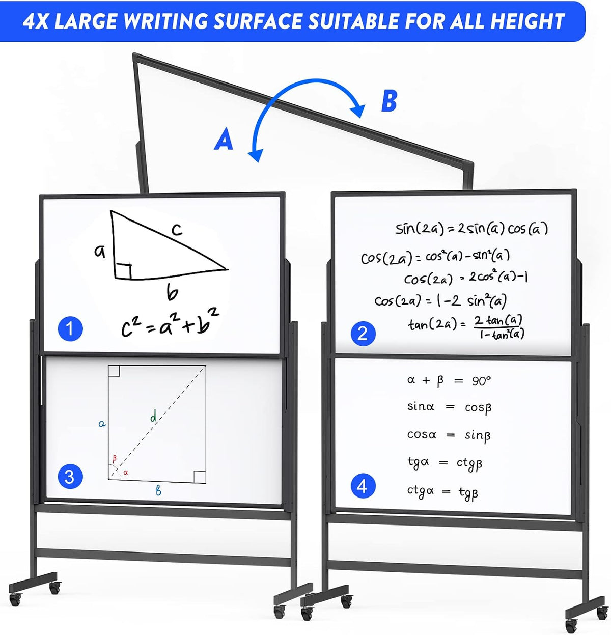 Maxtek Double-Sided Rolling White Board on Wheels 48x60, Height Adjustable