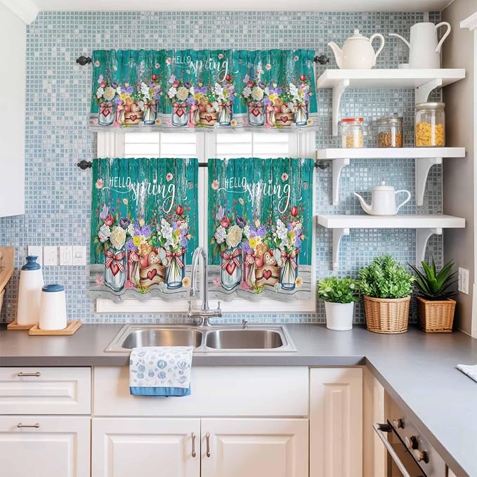Spring Flowers Kitchen Curtain Set, Farmhouse Watercolor Teal Wood Grain Window