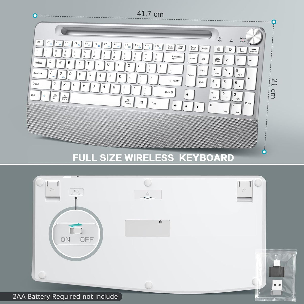 JOYACCESS Ergonomic Wireless Keyboard, 2.4GHz Cordless USB Full-Size Keyboard with Wrist Rest, Quiet Design & Numeric Keypad, Phone Holder for Desktop, Laptop, PC, Mac, Windows -Silver White