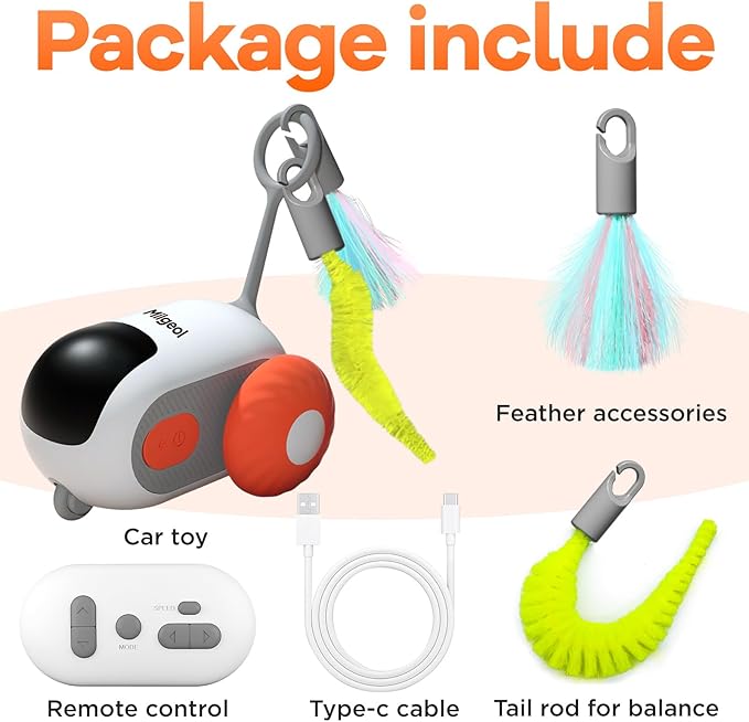 Turbo Tail 3.0 Interactive Cat Toy - Smart Remote Control Electric Mouse with Feathers, 3 Play Modes (Smart/Manual/Standby), Auto Obstacle Avoidance, Type-C, 8H Playtime - Blue & Orange