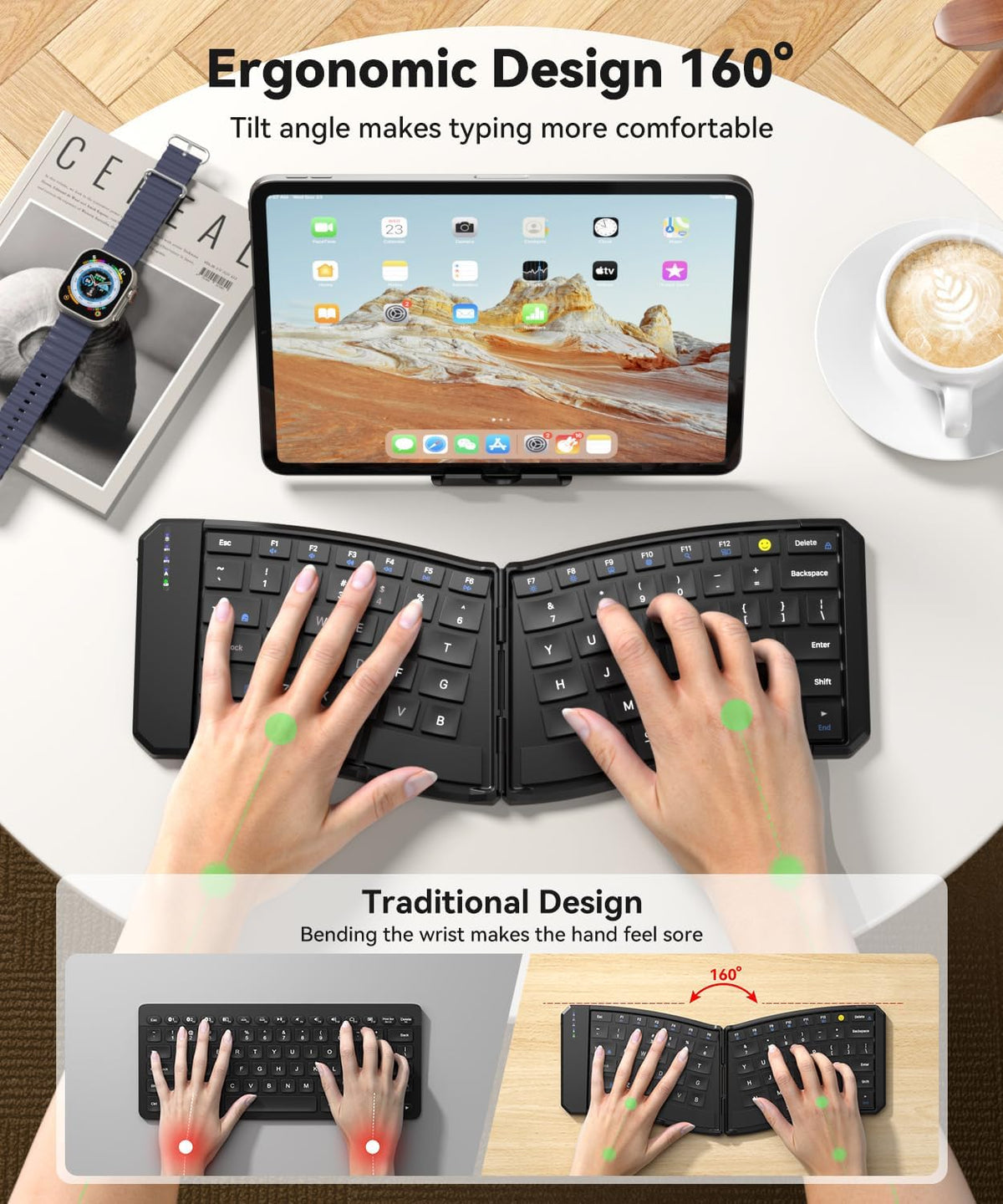 Ergonomic Foldable Keyboard, 3-Device Dual Mode 2.4G & Bluetooth
