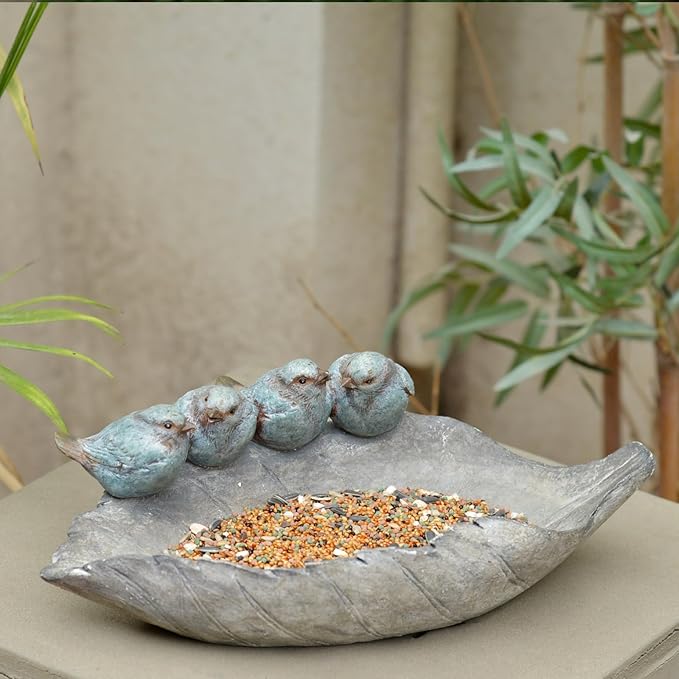 Bird-Feeder Wild Bird-Bath Bowl Outdoors - Garden Decor Polyresin Birds on Leaf 12.4 * 7.5 * 4.1 Inch-Newman House Studio