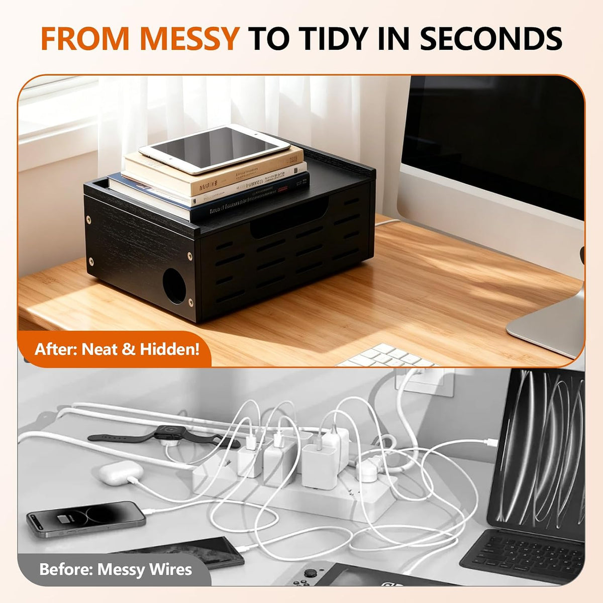 Wooden Cable Management Box - A Stylish Cable Storage Box, Suitable for Power sockets, USB Hiding, TV Cables, Desktop and Floor Cables - a Large Cable Storage Box for Management