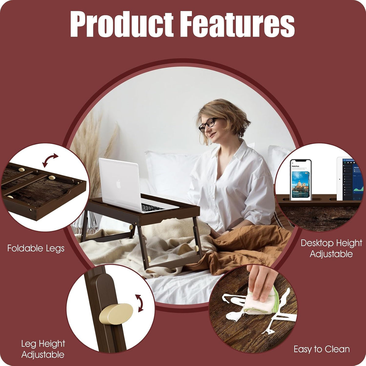 Adjustable Bamboo Bed Tray Tables with Device Stands, 2-Pack