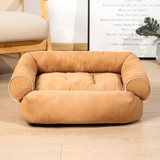 Suede Sofa Dog Bed, Multiple Sizes Orthopedic Memory Foam Mattress, Durable and Calming, Washable Dog Bed with Anti-Slip Bottom L Khaki