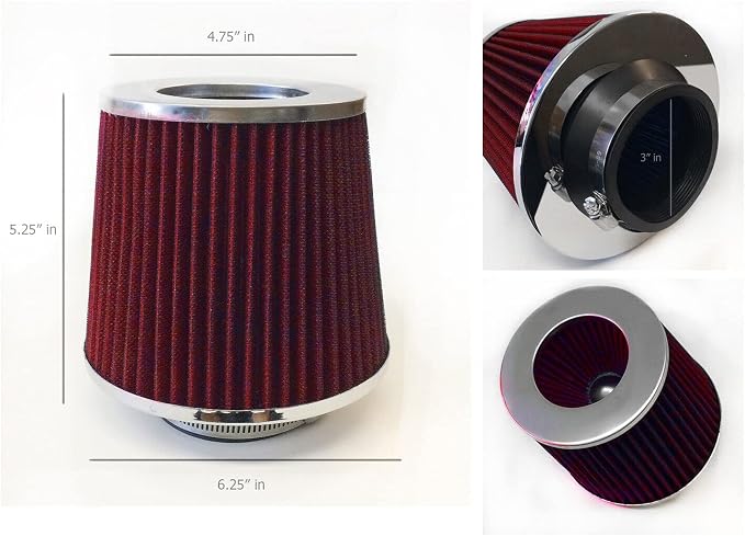 Red Cold Air Intake Cone Replacement Performance Washable Clamp-on Dry Filter