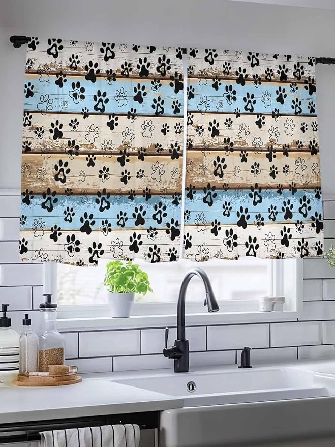 Sheer Curtains 45 Inch Length, Vintage Farmhouse Rustic Wooden Grain Privacy