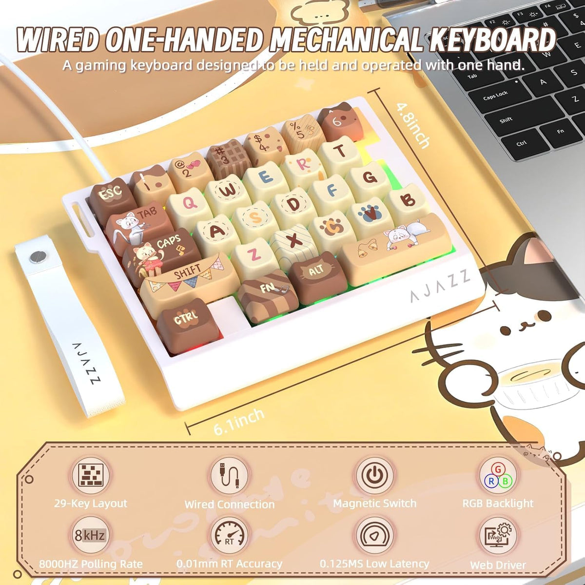 AJAZZ AK029 Wired 29 Keys One-Handed RGB Gaming Keyboard with 8000HZ,0.01mm RT Magnetic Switches Adjustable Actuation,Hotswappable Mechanical Keyboard,Aluminum Plate,Web Driver for Gamers-Beige Cat