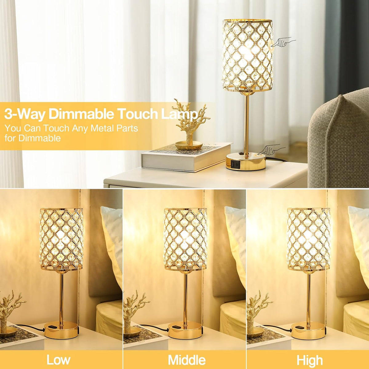 Hong-in Gold Lamps for Night Stands, Crystal Table Lamp with Touch Control