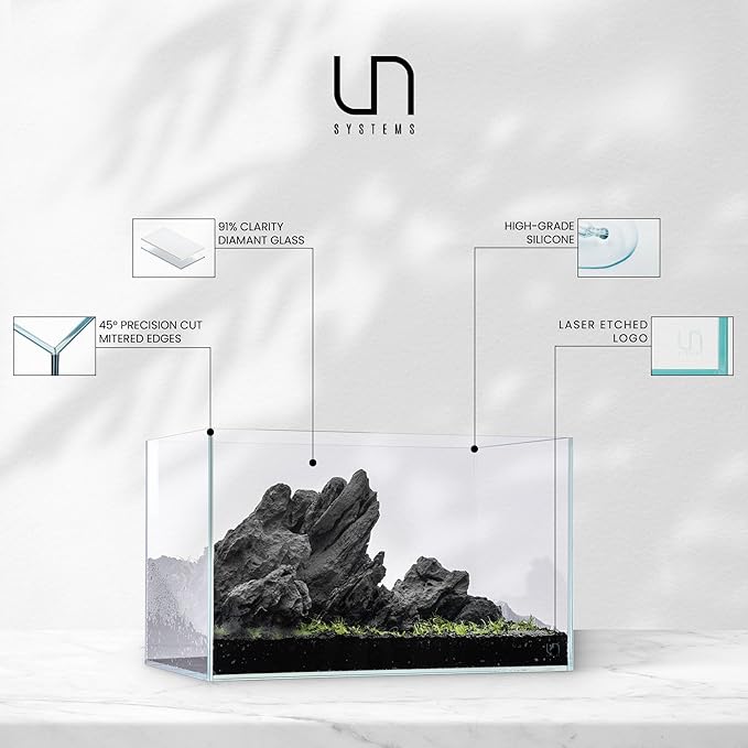 Ultum Nature Systems Ultra Clear Rimless Aquarium - Low Iron Glass Fish Tank with 45° Mitered Edges, 5mm-12mm Thick, Leveling Mat Included (25C, Cube, 4 Gallon)