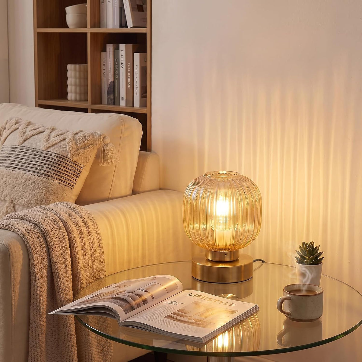 Elenhome Amber Touch Glass Table Lamp, 3-Way Dimmable Bedside Lamp, Vintage Mid-Century Modern Small Nightstand Lamp for Bedroom and Living Room, Ambient Mood Lighting, LED Bulb Included