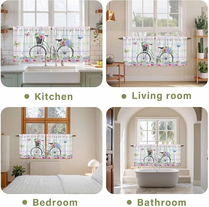 Spring Tier Curtains, Bicycles Botanical Leaves Rose Colorful Stripes Light